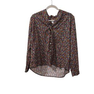 J.Crew Womens Floral Tie-Neck Blouse 2X Long-Sleeve Button-Up Lightweight Polyes